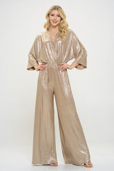 Women Metallic Fabric V Neck Kimono Sleeve Wide Leg Jumpsuit Zarnesh